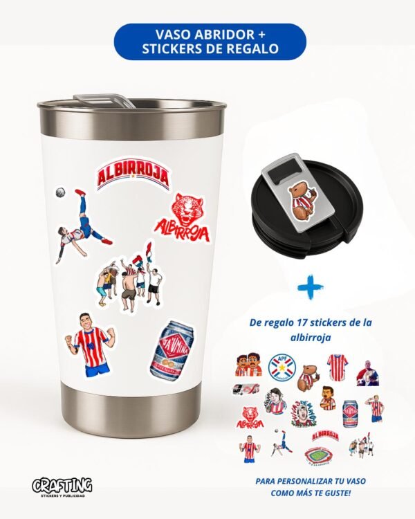 Vaso térmico con abridor + stickers albirrojo